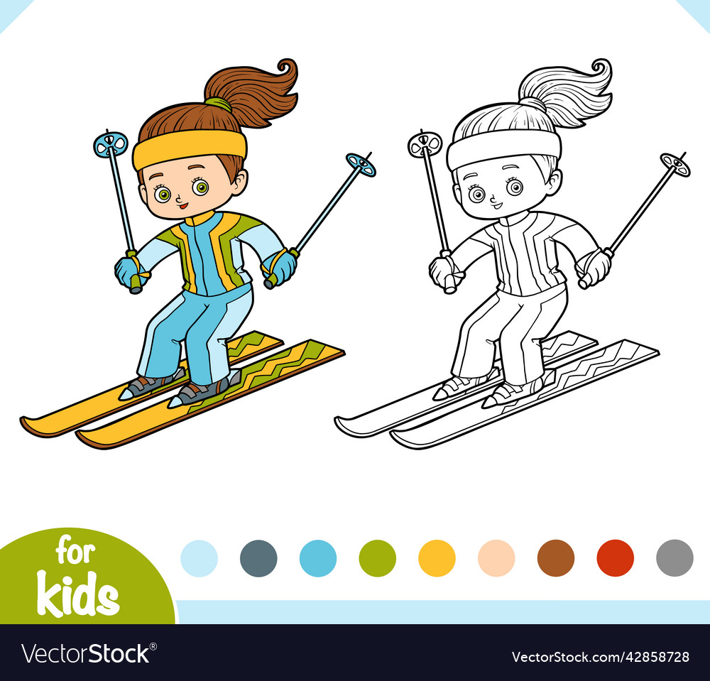 Coloring book girl skiing Royalty Free Vector Image