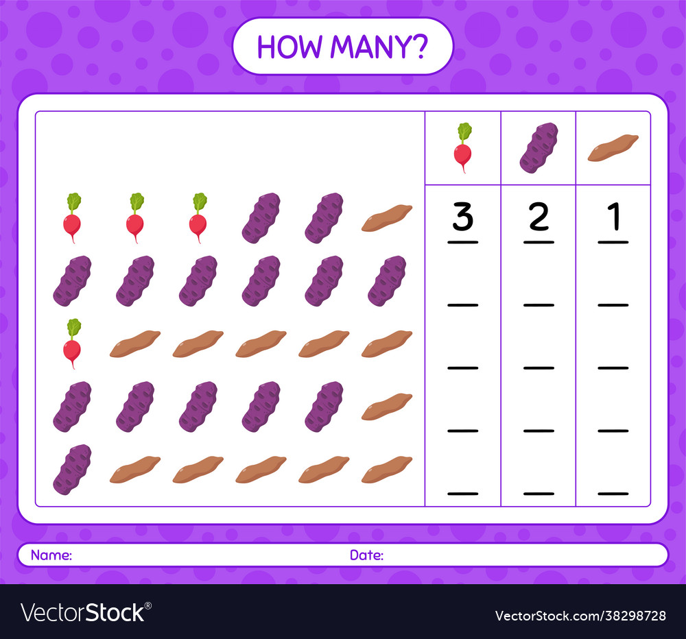 How many counting game with vegetables worksheet vector image How many counting game with vegetables worksheet
