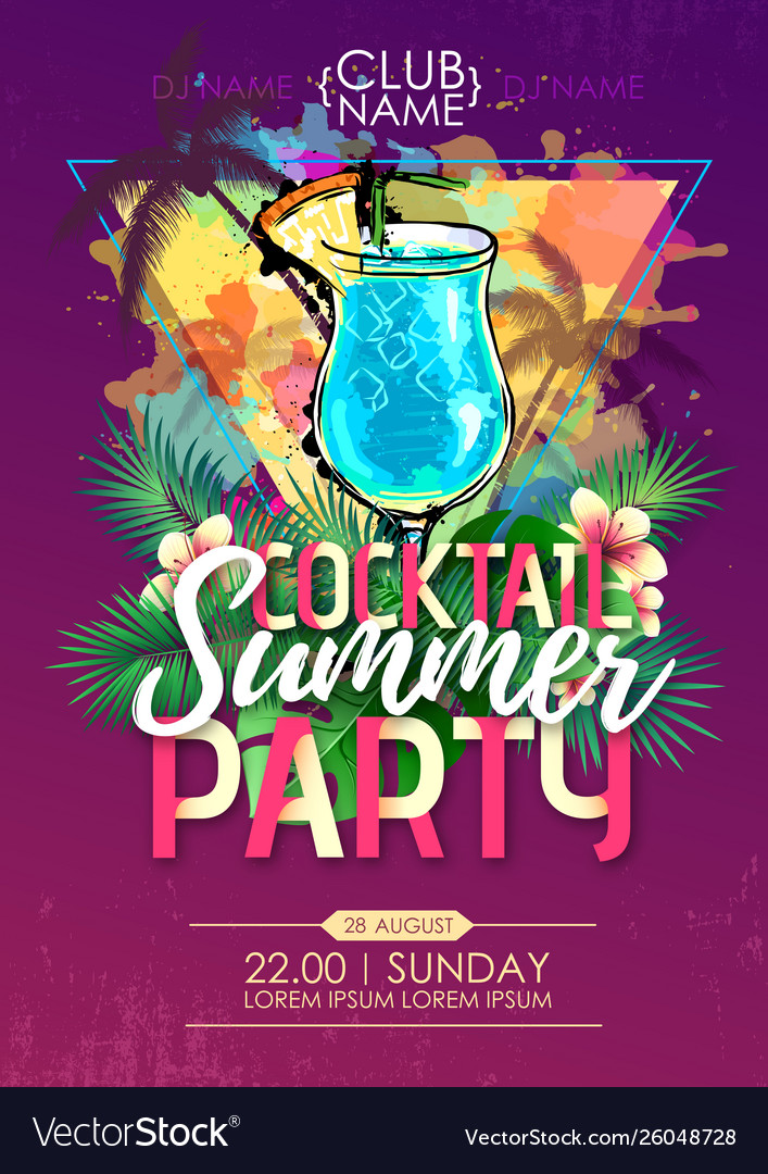 Summer beach party disco poster with cocktail Vector Image