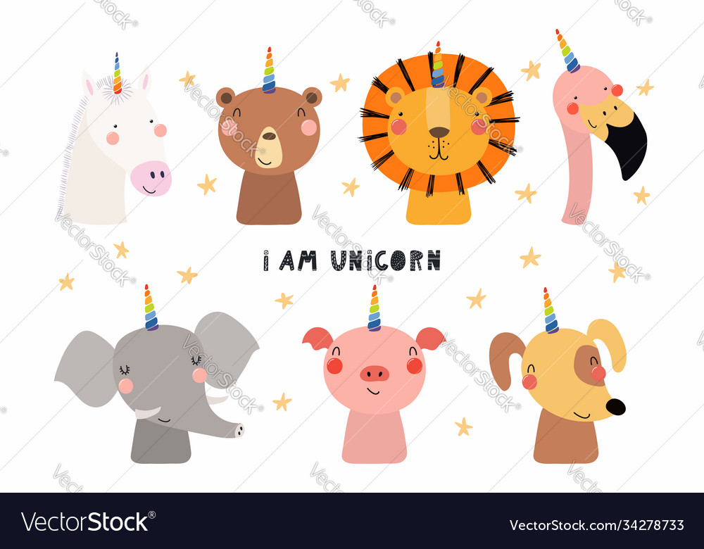 Cute animals with unicorn horn set