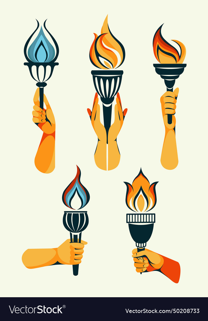 Hands with flaming torches flat collection