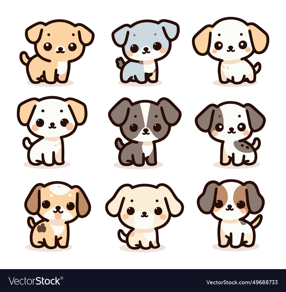 Nine cute cartoon puppies with various colors Vector Image