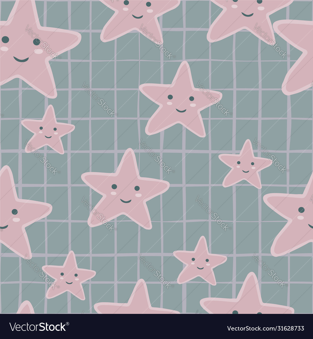 Pink smiling stars seamless pattern on stripes