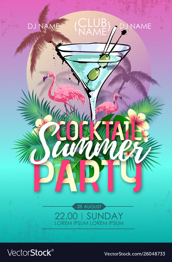 Summer beach party disco poster with cocktail Vector Image