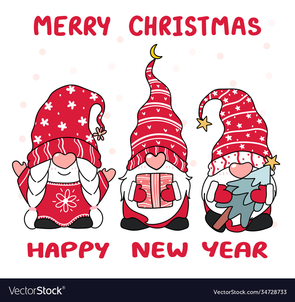 Tree happy small gnome in red hat merry Royalty Free Vector