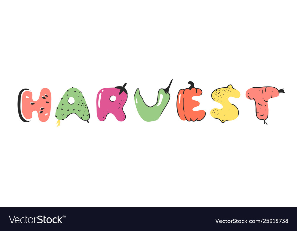 Cartoon vegetables and fruits word harvest