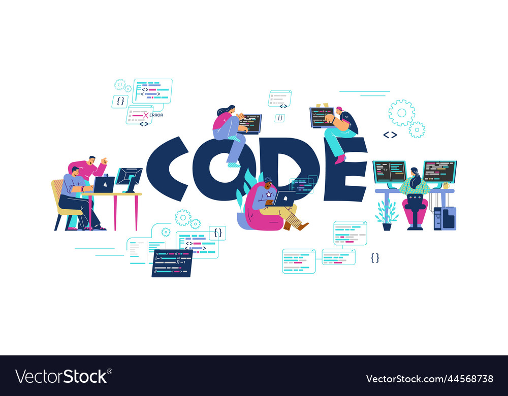 Code typographic header with tiny people vector image Code typographic header with tiny people