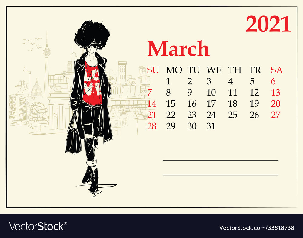 March 21 Calendar With Fashion Girl In Sketch Vector Image