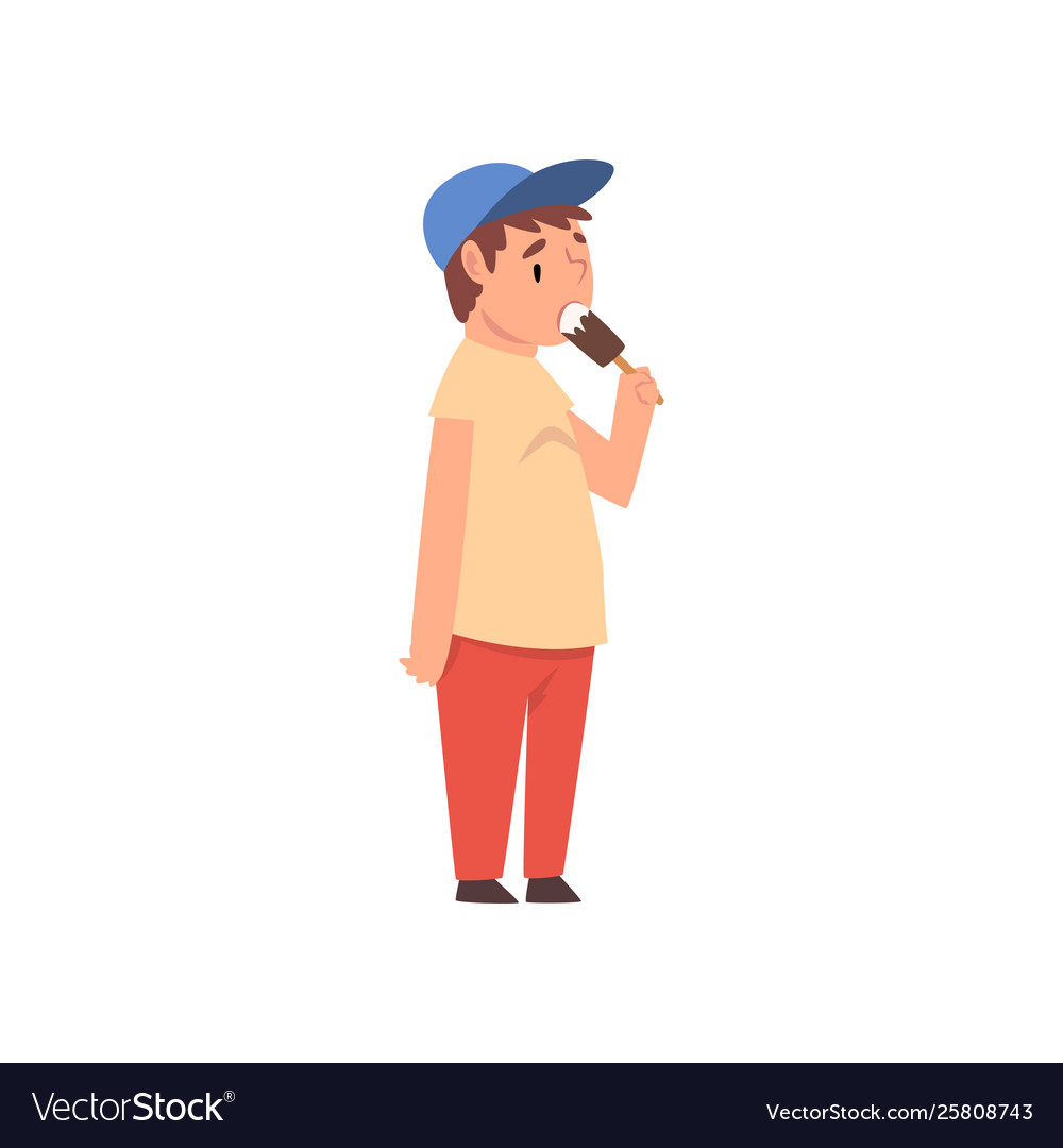 Fat boy eating ice cream cute overweight child Vector Image