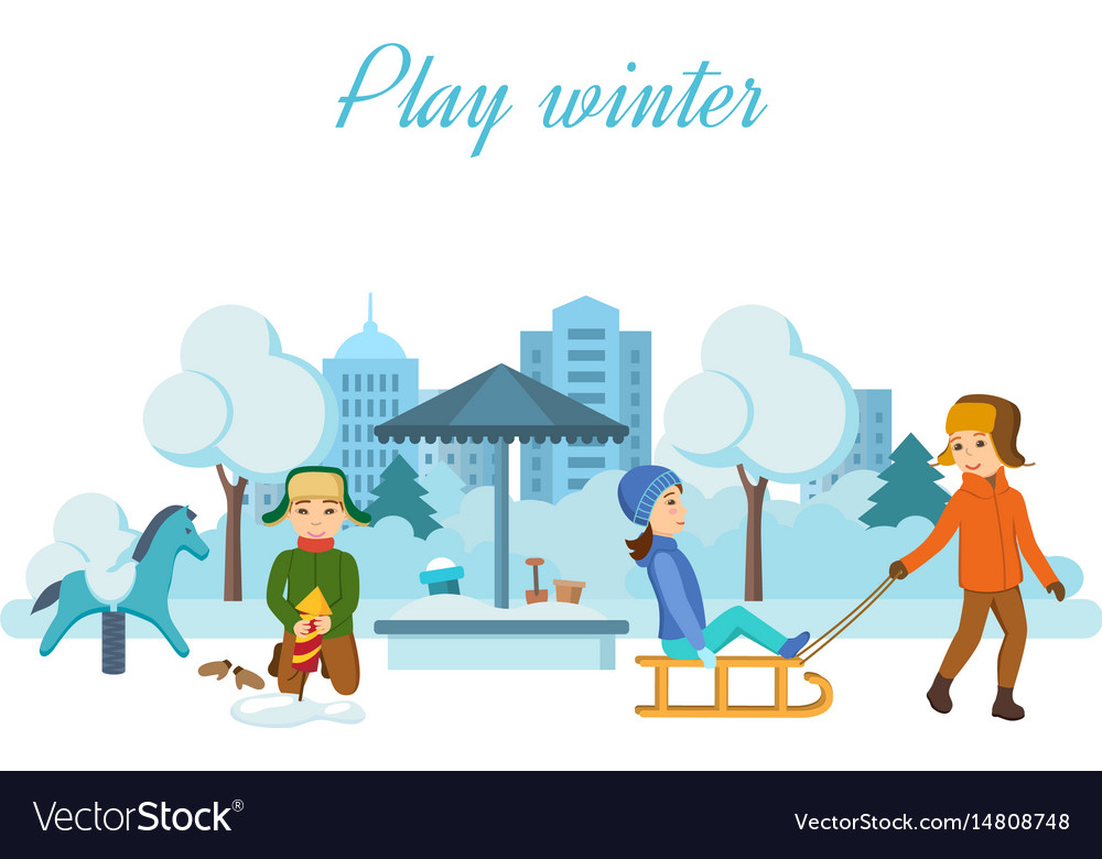 Children Playing in Snow with Sleds