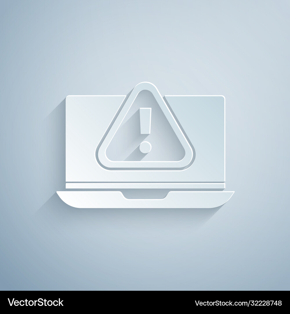 Paper cut laptop with exclamation mark icon Vector Image