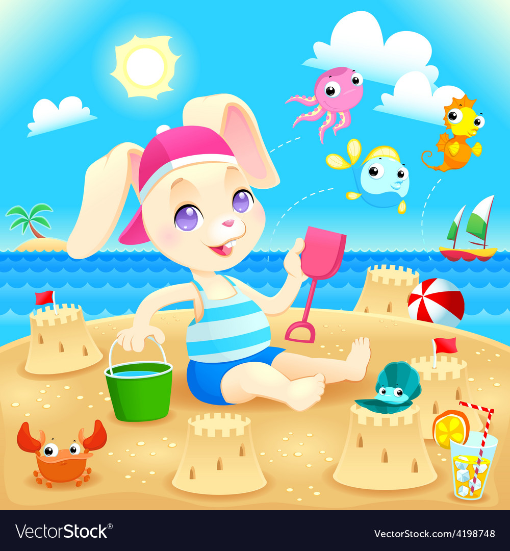 Young Rabbit Makes Castles On The Beach Royalty Free Vector Young Rabbit Makes Castles On The Beach Vector Image