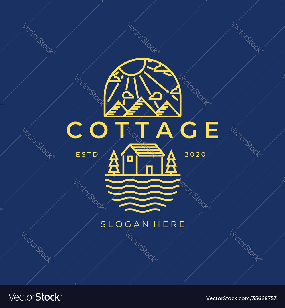 Cottage line art logo design mountain river pine