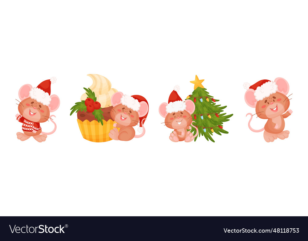 Cute mouse in red santa hat engaged different Vector Image