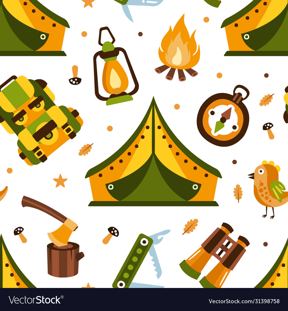 Camping seamless pattern with hiking equipment