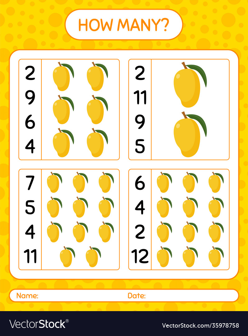 How many counting game with mango worksheet vector image How many counting game with mango worksheet