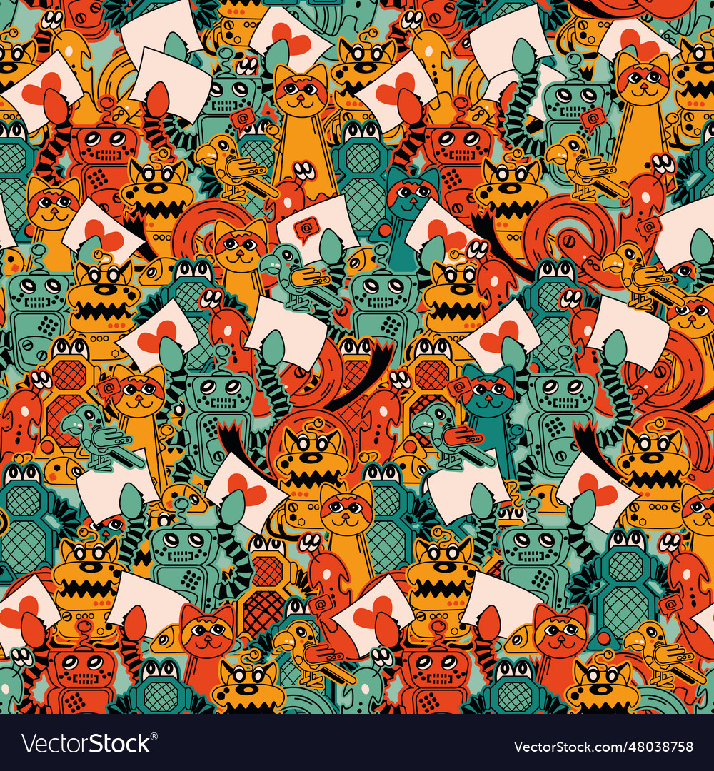 Rows of cute colorful robots in overall setting vector image Rows of cute colorful robots in overall setting