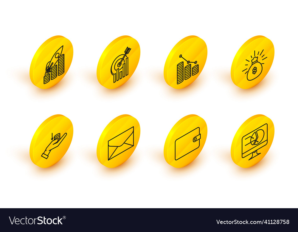 Set line computer monitor with graph chart wallet vector image Set line computer monitor with graph chart wallet