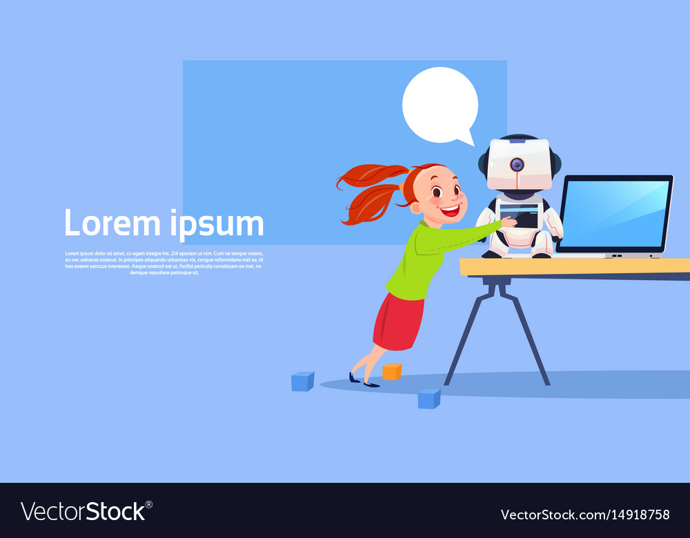 Small girl using laptop computer with modern robot