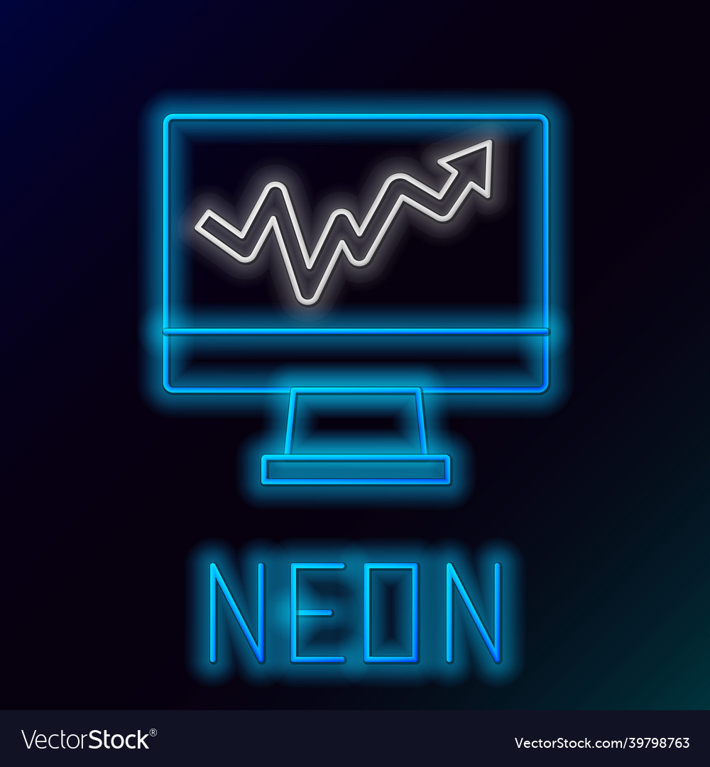Glowing neon line computer monitor with graph vector image Glowing neon line computer monitor with graph