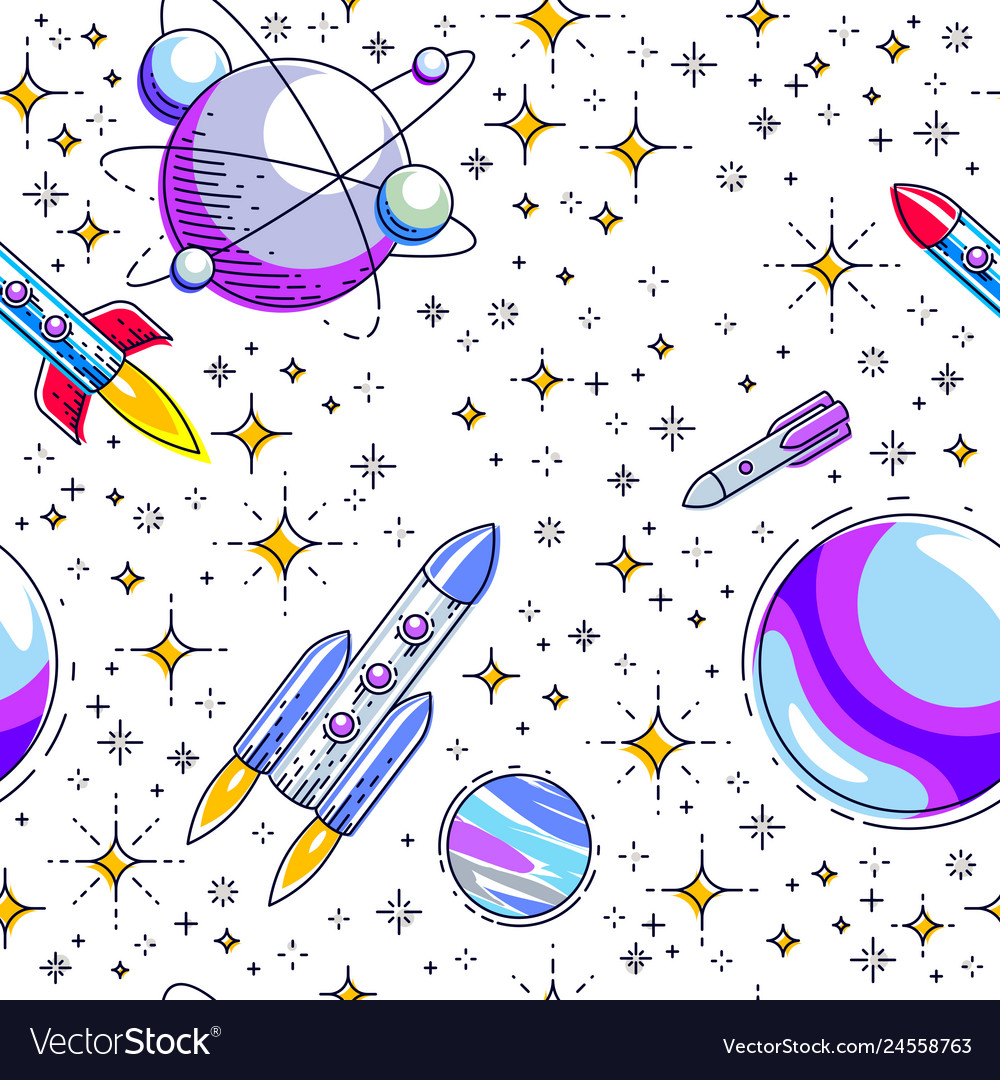 Seamless space background with rockets planets