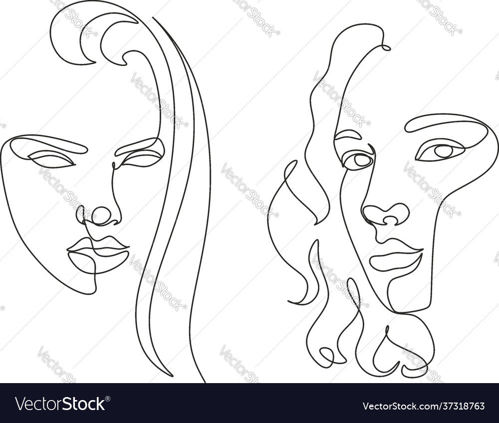 Surreal faces continuous line drawing set