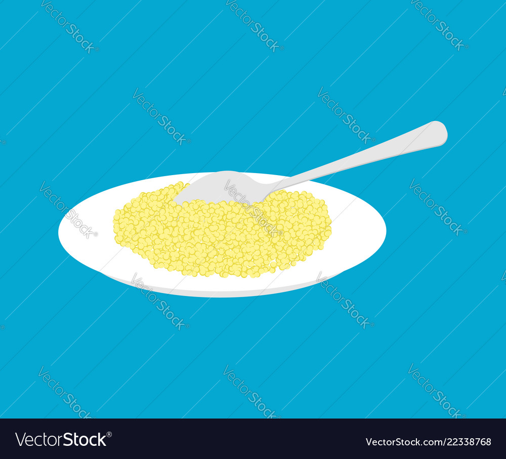 Couscous porridge in plate and spoon isolated