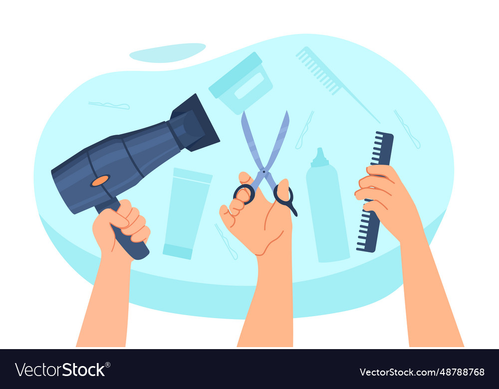 Hands with comb and scissors concept vector image Hands with comb and scissors concept