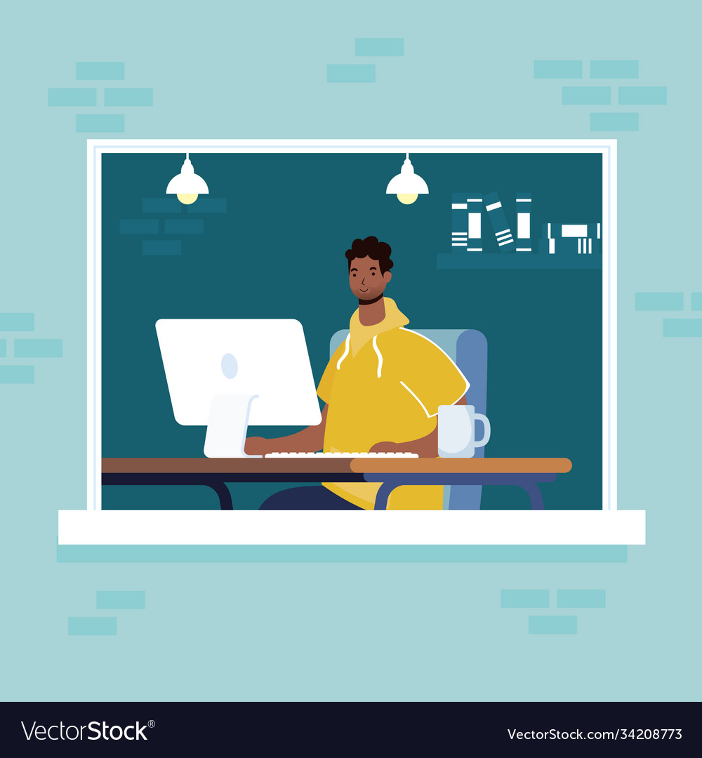 Afro man using computer desktop in workplace