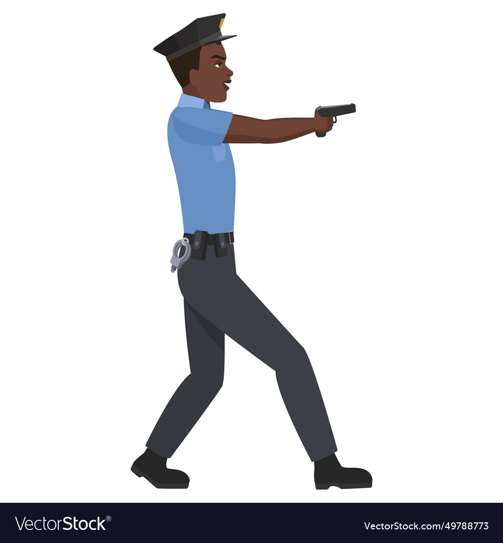 Black policeman with pointing gun Royalty Free Vector Image