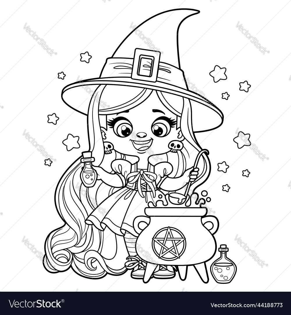 Cute cartoon long haired girl in halloween witch