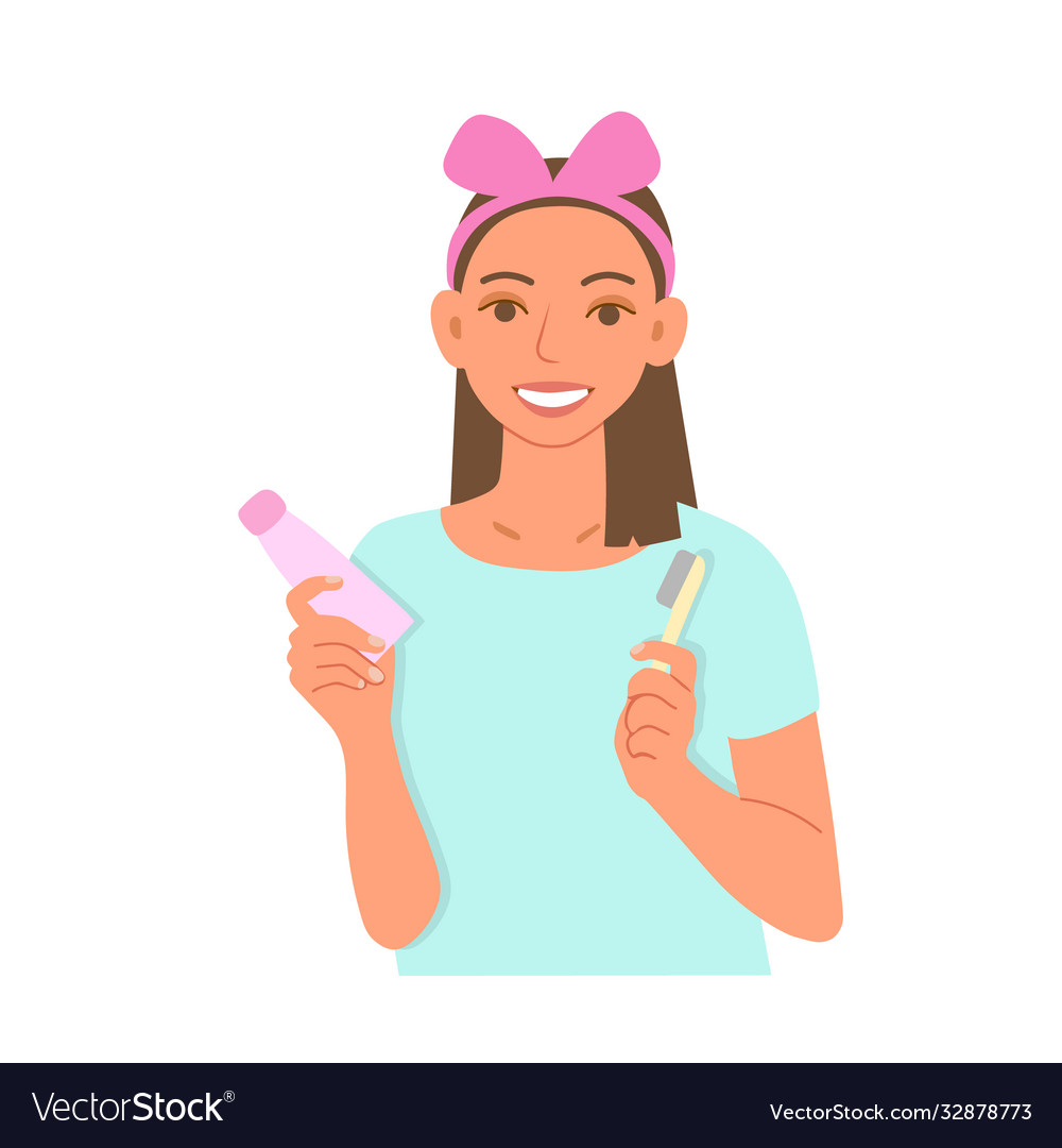 Girl is holding a toothpaste and toothbrush