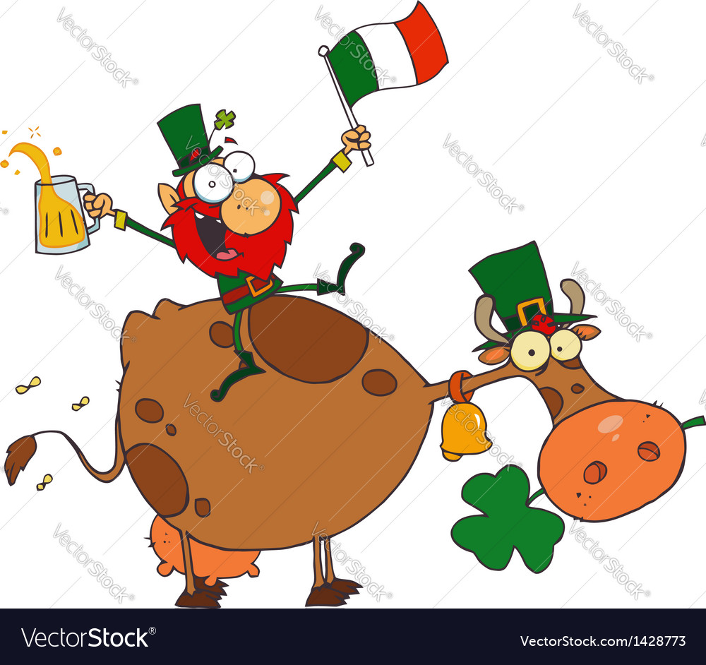 Lucky leprechaun sitting on a cow with beer