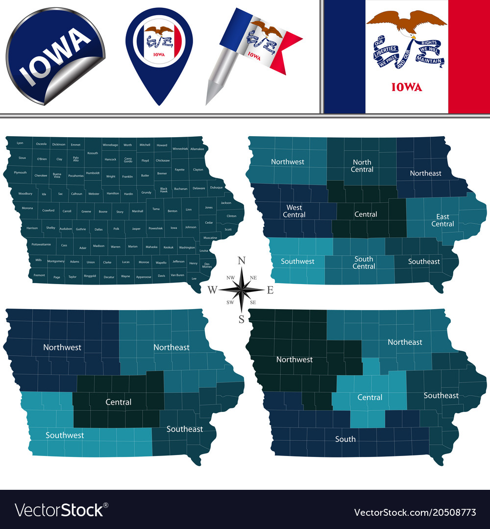 Map iowa with regions Royalty Free Vector Image