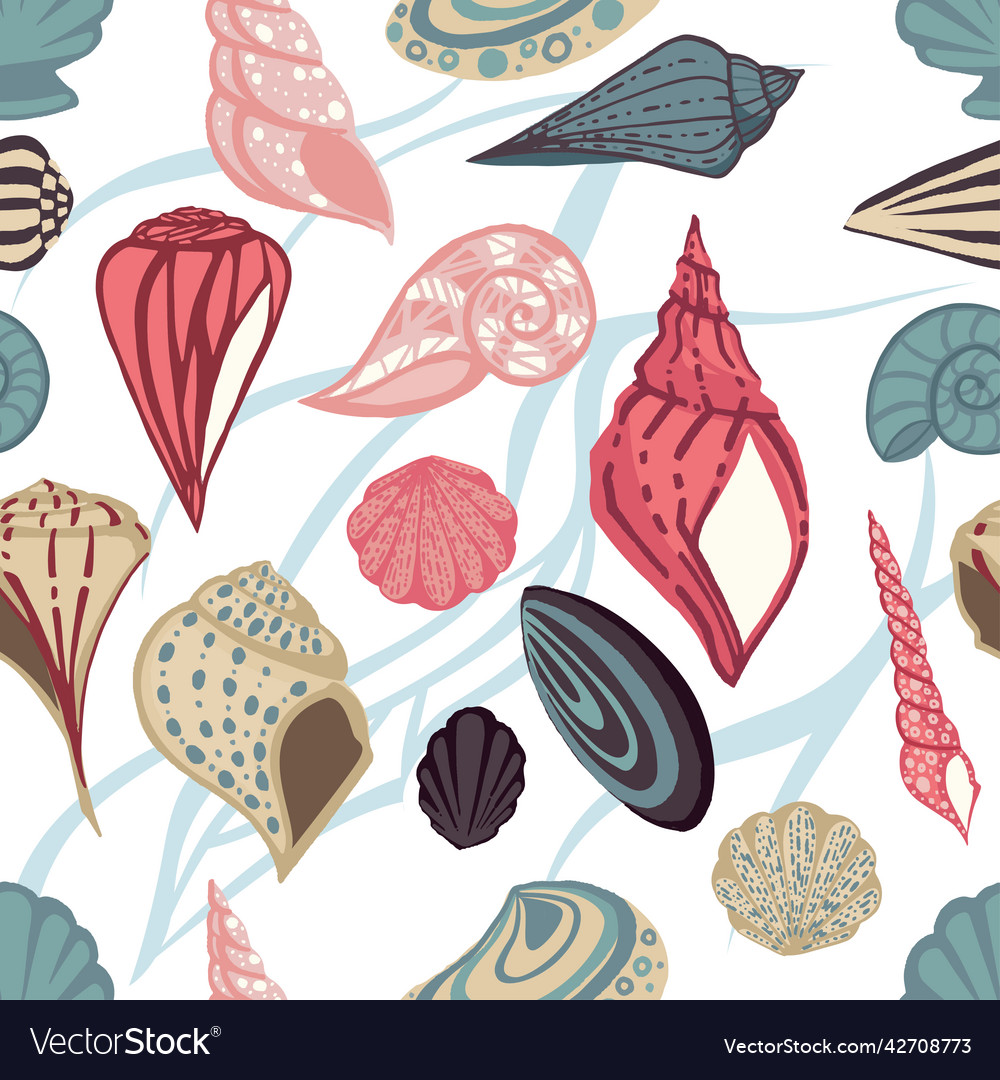 Seamless pattern big different seashell vector image Seamless pattern big different seashell