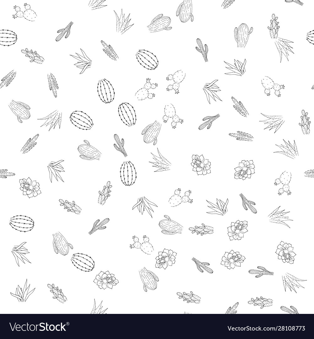 Seamless pattern with cacti linear monochrome
