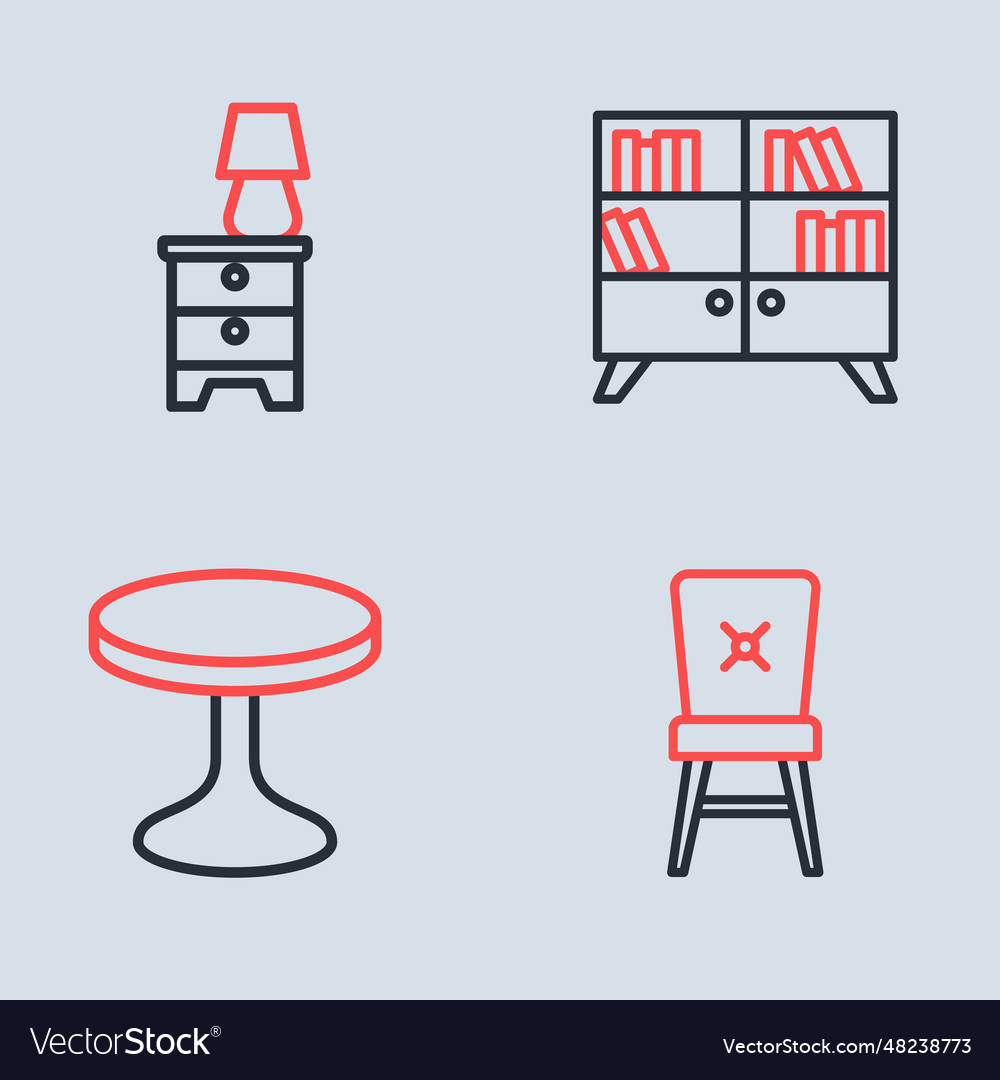 Set line library bookshelf round table chair vector image Set line library bookshelf round table chair