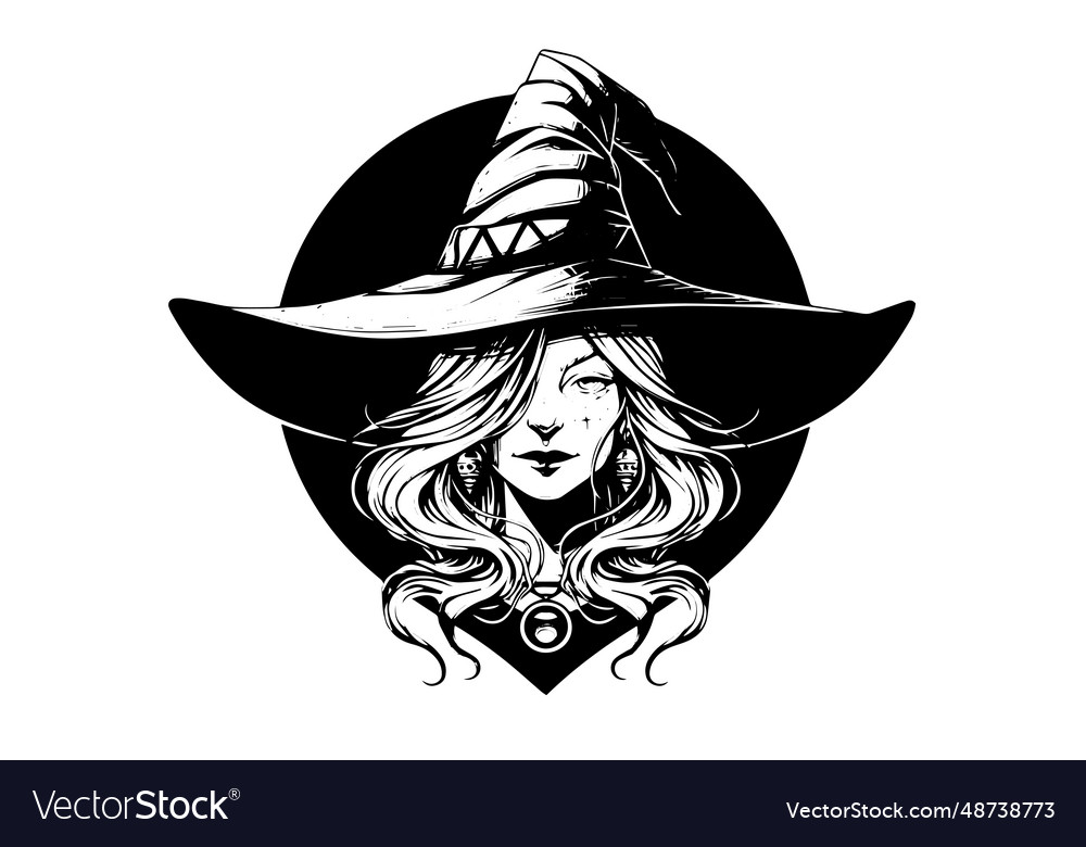 Witch halloween woman hand drawn ink sketch