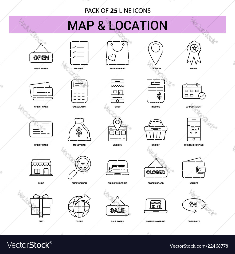 Map and location line icon set - 25 dashed Vector Image Map and location line icon set - 25 dashed