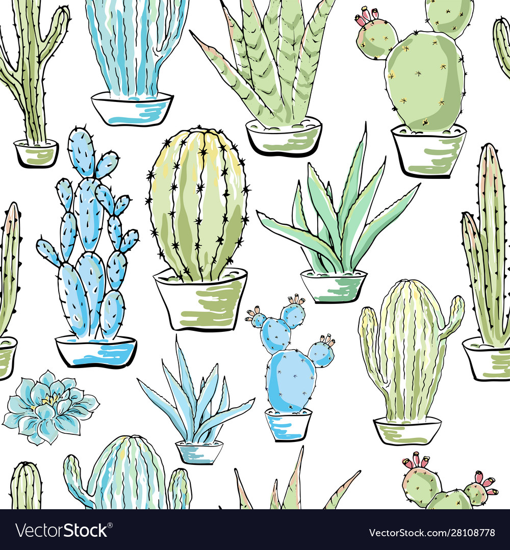 Seamless pattern with cacti multicolored hand