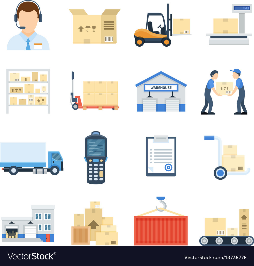 Warehouse icon flat cartoon set Royalty Free Vector Image