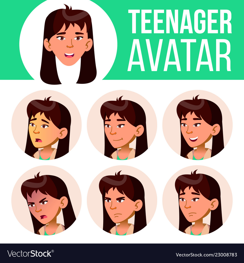 Asian teen girl avatar set face emotions Vector Image