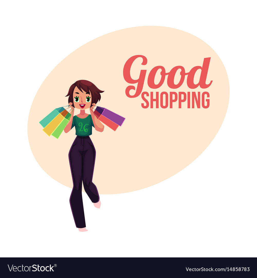 Happy shopping poster banner with girl woman