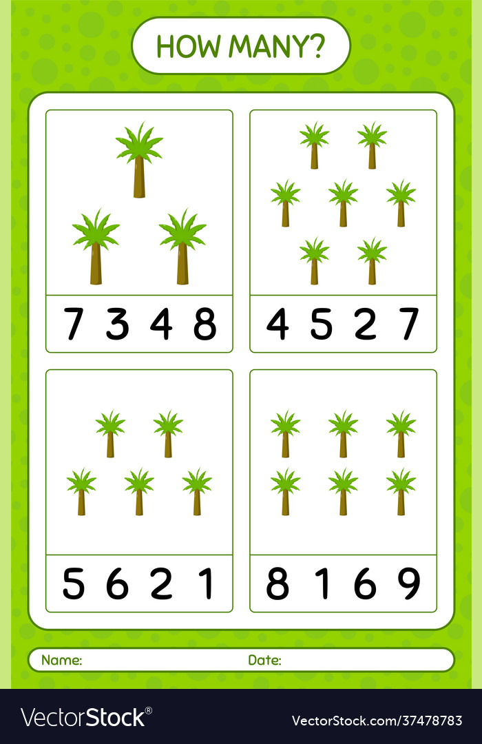 How many counting game with palm tree worksheet vector image How many counting game with palm tree worksheet