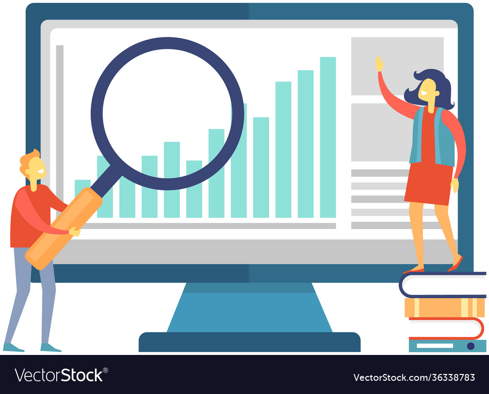 Man with magnifier showing diagrams