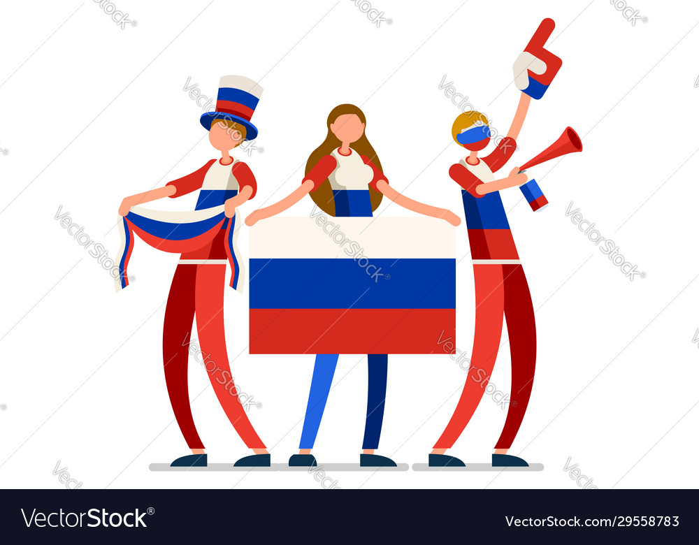 we love Russia, A group of people pose next to the Russian flag ilustração  do Stock