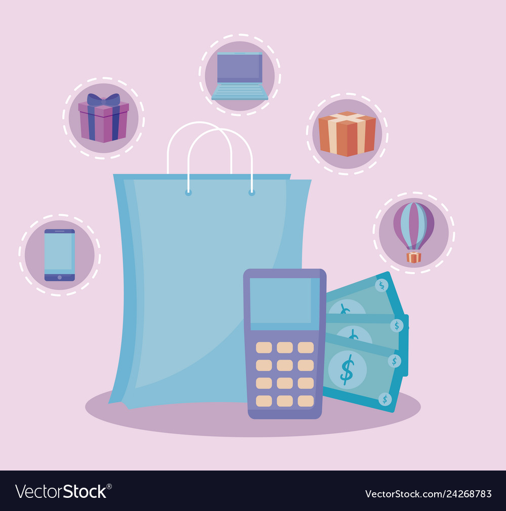 Einkaufstasche mit Dataphone und Set-Symbolen vector image Einkaufstasche mit Dataphone und Set-Symbolen