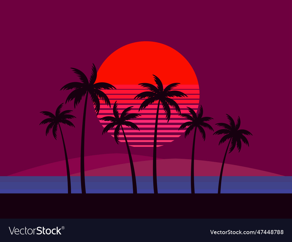 Black silhouettes of palm trees at sunset Vector Image