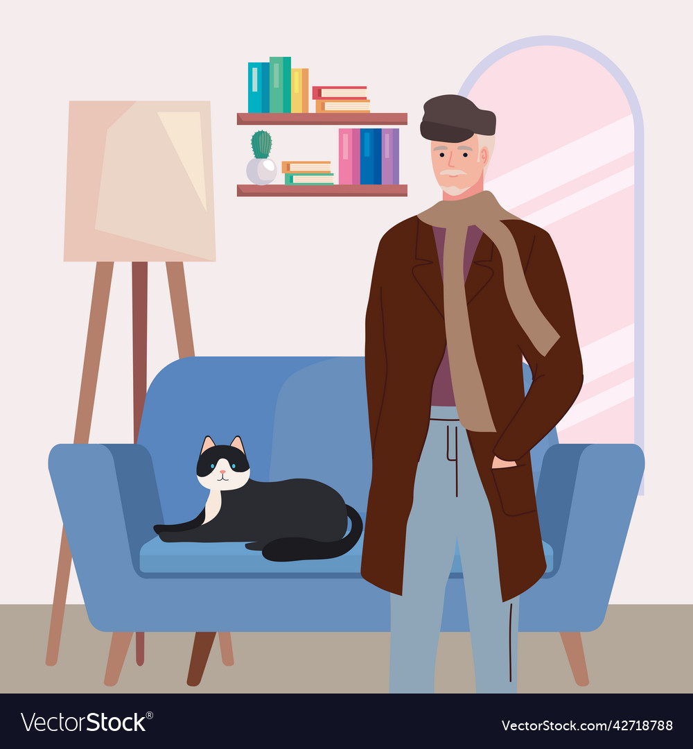Old man modeling with cat
