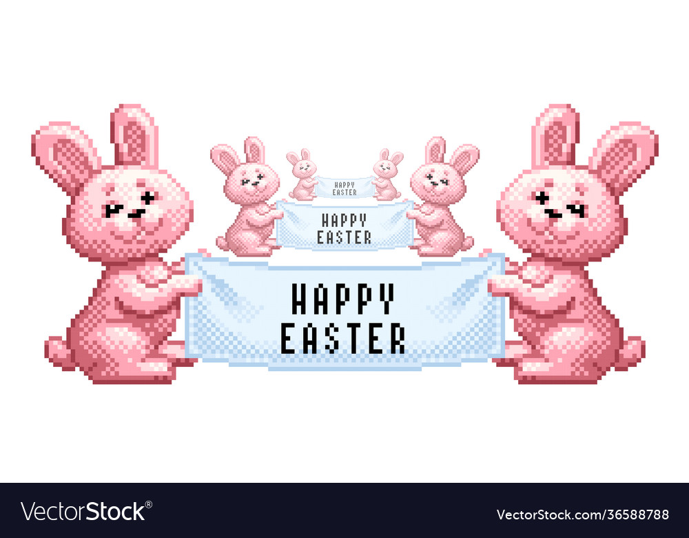 Pixel art cartoon easter bunny and happy vector image Pixel art cartoon easter bunny and happy